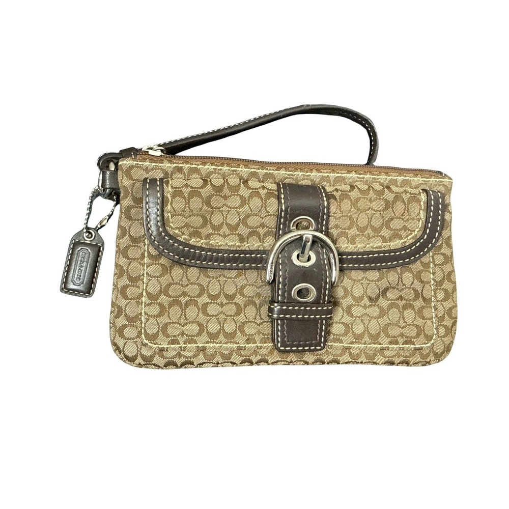 Coach Soho Mini Signature Large Slim Buckle Wristlet Wallet Khaki Mahogany